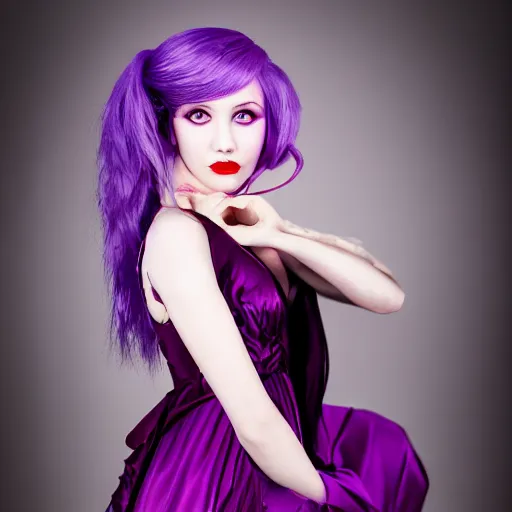 Image similar to Beautiful, professional model, vampire, Shalltear Bloodfallen, Studio Photography, Editorial photography, Studio Lighting, purple dress