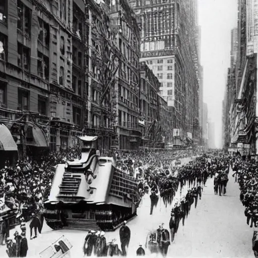 Prompt: old black and white photo, 1 9 1 3, depicting a giant biomechanical alien monster kaiju robot fighting tanks through the bustling streets of new york city, historical record