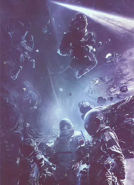 Image similar to astronauts in dark void underwater - complex and hyperdetailed technical suit. reflection and dispersion materials. rays and dispersion of light. volumetric light. f / 3 2. noise film photo. flash photography. ultra realistic, wide angle. poster by wayne barlowe, hajime sorayama aaron horkey, craig mullins