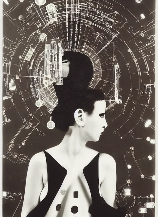 Image similar to Portrait of a punk goth fashion fractal cosmonaut girl with a television head wearing kimono made of circuits and leds, surreal photography by Man Ray