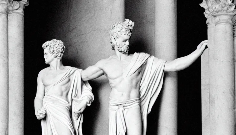 Prompt: 1 9 6 0 s movie still close - up of caligula in white toga stabbed by senators on marble stairs, cinestill 8 0 0 t 3 5 mm, high quality, heavy grain, high detail, dramatic light, anamorphic, detailed beard