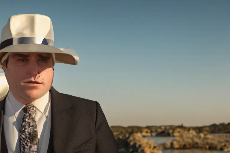 Image similar to cinematic still of portly clean-shaven white man wearing suit and necktie and boater hat, XF IQ4, f/1.4, ISO 200, 1/160s, 8K, RAW, dramatic lighting, symmetrical balance, in-frame