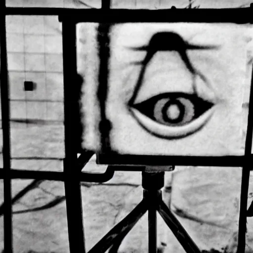 Prompt: scary old lady without eyes an abandoned school, security camera, black and white, real