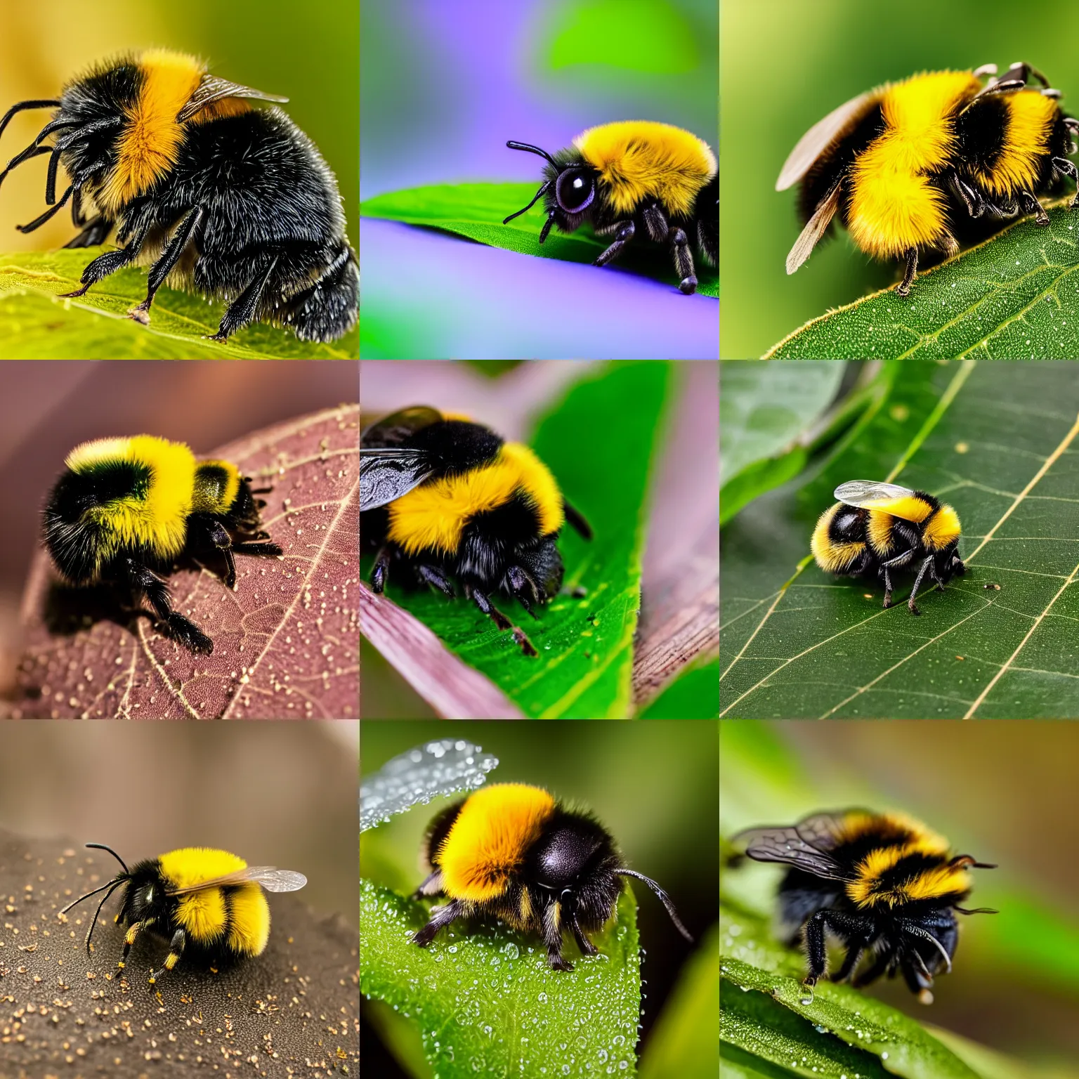 Image similar to A cute fluffy bumblebee resting atop a vivid green leaf with morning dew, XF IQ4, 150MP, 50mm, F1.4, ISO 200, 1/160s, natural light, Adobe Lightroom, photolab, Affinity Photo, PhotoDirector 365