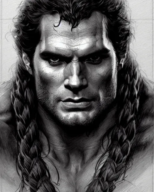 Image similar to henry cavill as orc barbarian | | pencil sketch, realistic shaded, fine details, realistic shaded lighting poster by greg rutkowski, magali villeneuve, artgerm, jeremy lipkin and michael garmash and rob rey