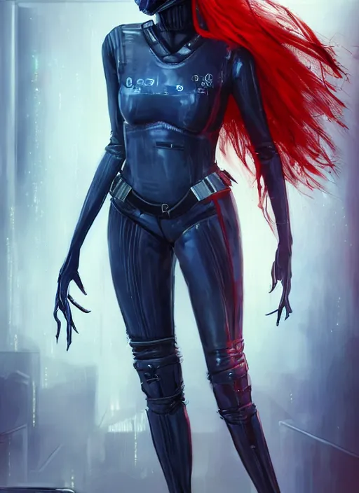 Prompt: a full body beautiful woman with red hair and blue eyes, wearing a cyberpunk outfit by hr giger, artgerm, sakimichan, weapons, electronics, high tech, cyber wear, latex dress, batwoman, bandage, concept art, fantasy, cyberpunk
