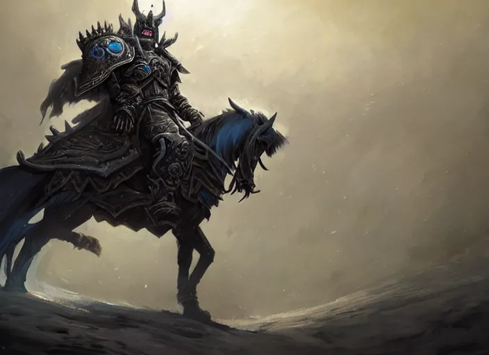 Image similar to lich king from world of warcraft, on a horse by greg rutkowski, detailed face, full body