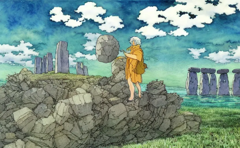 Image similar to a hyperrealist studio ghibli watercolor fantasy concept art. in the foreground is a grey giant lifting a stone. in the background is stonehenge. the scene is underwater on the sea floor. by rebecca guay, michael kaluta, charles vess