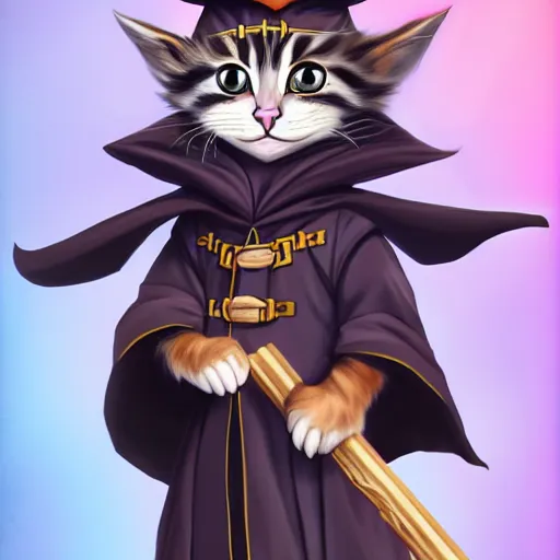 Image similar to a kitten wearing wizard robes and wizard hat, dungeons and dragons character art, dark, magic, key visual, posing, noble, full body portrait, high resolution, detailed, inspiring, award - winning, clear, crisp, sharp