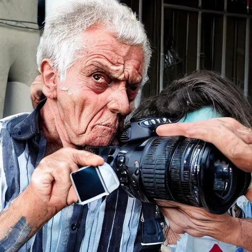 Prompt: an ugly old actor and his friend beat up a journalist and break a dslr for taking a picture of him, documentary photo