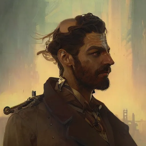 Prompt: Portrait of a steampunk man, science fiction, highly detailed, digital painting, artstation, concept art, illustration, art by Greg Rutkowski and alphonse mucha
