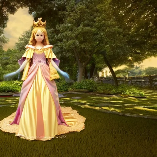 Image similar to a very detailed, ultra-realistic, pleasant, beautiful, funny, smooth 3D CG render, semirealistic anime style, close-up of a gorgeous, cute, gentle, noble priestess magician princess girl wearing dress and jewelry, in a glorious magic kingdom with castle and walls, relaxing calm vibes, fairytale, octane render