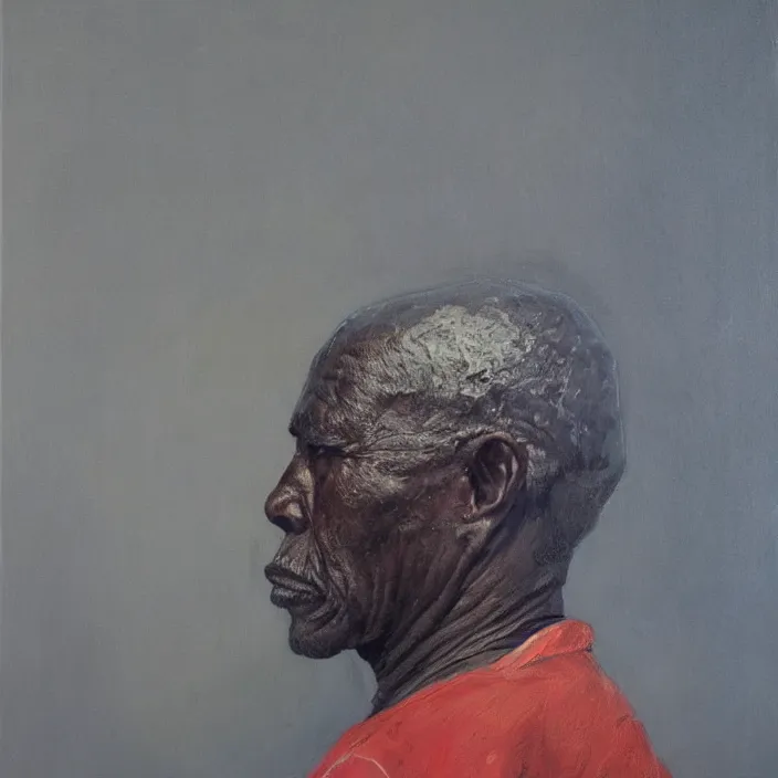 Image similar to a painting of a elder African man by Lynette Yiadom-Boakye . dramatic angle, ethereal lights, details, smooth, sharp focus, illustration, realistic, cinematic, artstation, award winning, rgb , unreal engine, octane render, cinematic light, macro, depth of field, blur, red light and clouds from the back, highly detailed epic cinematic concept art CG render made in Maya, Blender and Photoshop, octane render, excellent composition, dynamic dramatic cinematic lighting, aesthetic, very inspirational, arthouse.