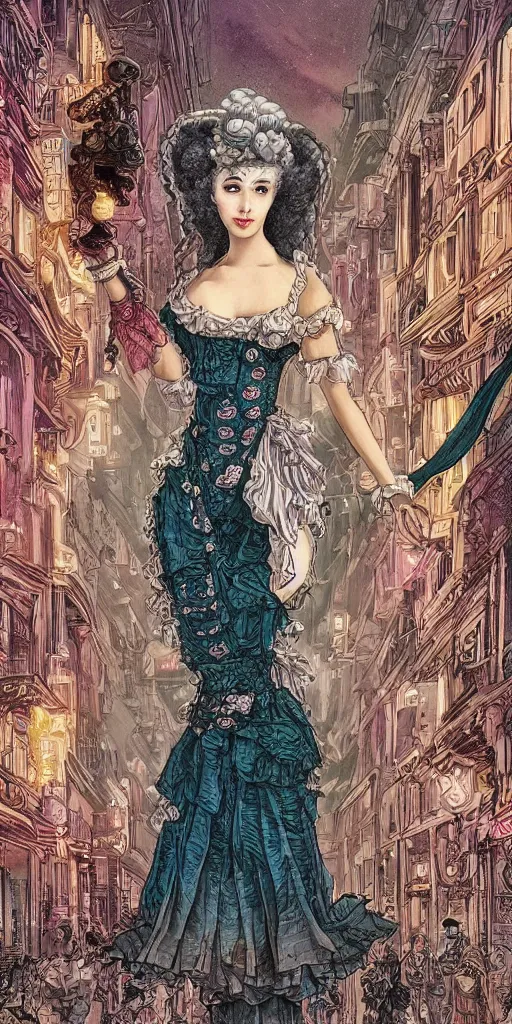 Prompt: Marie antoinette in a rococo dress as shaman dancing in with spirits in ornate cyberpunk city street, 2am, by Chiara Bautisya, blade runner, in style of Laurie Greasley, Jen Bartel, Background by Tarmo Juhola, kowloon, cinematography Roger Deakins,