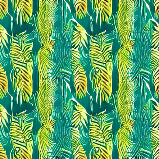 Image similar to repeating pattern seamless. watercolor. tropical palm leaves, warm light, gold and green, hyperrealistic, minimalistic, stylized