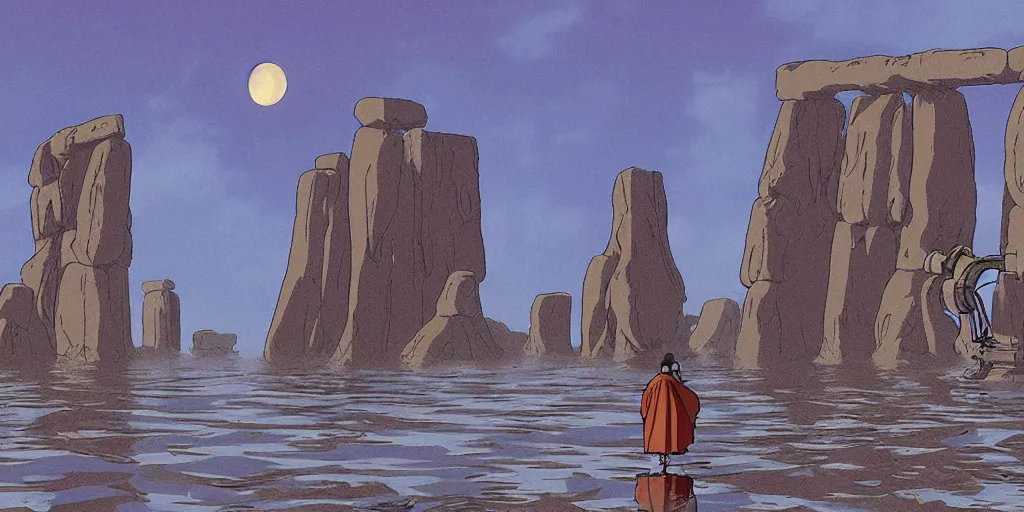 Image similar to a realistic cell - shaded studio ghibli concept art from paprika ( 2 0 0 6 ) of a flying intelligent dull mechanical octopus from close encounters of the third kind ( 1 9 7 7 ) in a flooded monument valley stonehenge. a monk in a robe is meditating in the foreground. very dull colors, wide shot, hd, 4 k, hq