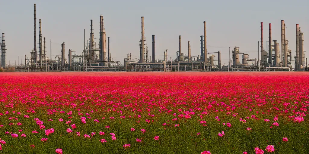 Image similar to a beautiful big field of rosses with in the background industry buildings with dirty smoke oil refinery, f / 2. 8, global illumination, by zeng fanzhi