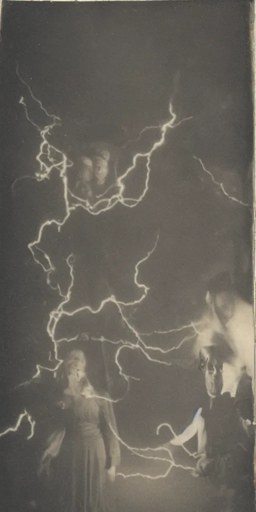 Image similar to spirit photography with glowing bulbous ectoplasm, scary shadow people, couple mourning, sleep paralysis demon, plasma lightning bolts, 1 9 0 0 s, slimer, summoning tall horned demon, mourning family, invoke fear and dread, old photograph, daguerreotype