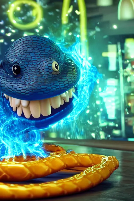 Image similar to a mc donalds commercial with a 3d snake spitting blue fire which is revealing realistic fries, commercial, 3d render, Mc donalds, 4k, sharp, by Beeple, Octane Render, cinema 4d