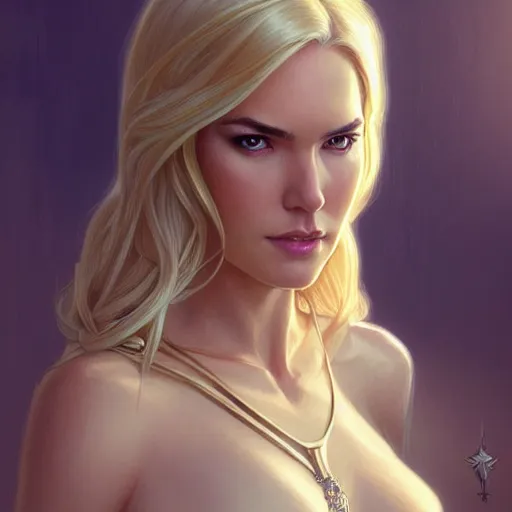 Prompt: Odette Annable with blonde hair as Emma Frost, western, D&D, fantasy, intricate, elegant, highly detailed, digital painting, artstation, concept art, matte, sharp focus, illustration, art by Artgerm and Greg Rutkowski and Alphonse Mucha