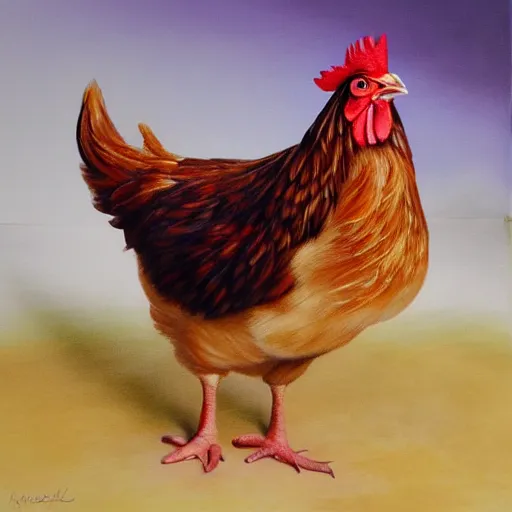 Prompt: A detailed and realistic painting of a chicken, with 8k resolution, in the artistic style of fantasy art