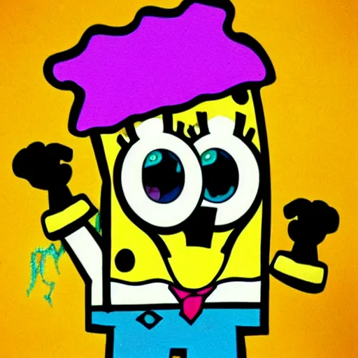 Image similar to spongebob squarepants cartoon character holding a kitchen knife, childish crayon art