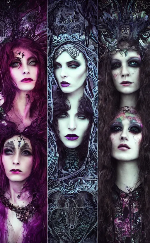 Image similar to three stunning otherworldly gothic goddesses of beauty wearing psychedelic wicca, dark and mysterious, atmospheric, ominous, eerie, cinematic, epic, 8 k, 4 k, ultra detail, ultra realistic, rendered by awesomeness