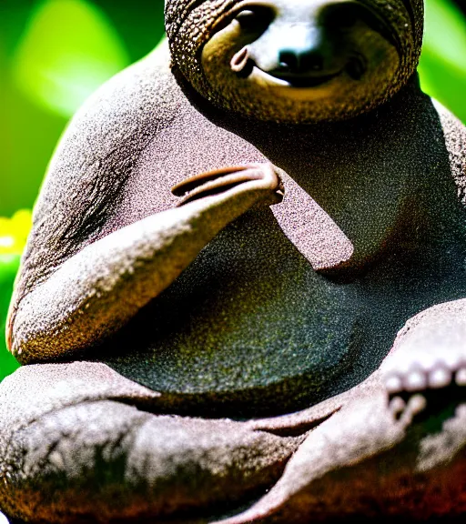 Prompt: a photograph of a sloth buddha meditating in a zen rock garden, nature photography, highly detailed, intricate details, sharp focus, celestial