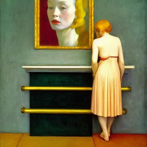 Image similar to a masterpiece of art, film still by edward hopper, by Pontormo, by klimt, art noveau, highly detailed, strong lights, liminal, eerie, Bright pastel colors