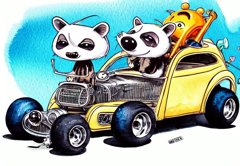 Image similar to cute and funny, racoon riding in a tiny hot rod coupe with oversized engine, ratfink style by ed roth, centered award winning watercolor pen illustration, isometric illustration by chihiro iwasaki, edited by range murata