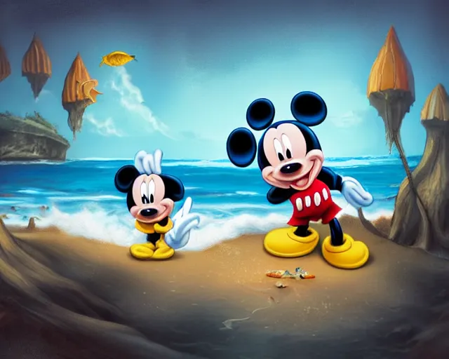 Prompt: Mickey mouse sitting next to terrifying sea creatures on a creepy beach, digital art, in the style of Frederic St-Arnaud, super detailed, artstation