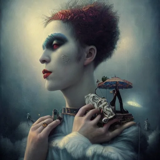 Prompt: ultra realist soft painting of a curiosities carnival by night, nightmare fuel, omnious sky, symmetry accurate features, very intricate details, film noir, volumetric clouds, desolated world, Tom Bagshaw