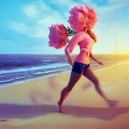 Image similar to portrait, giant rose flower head, woman running at the beach, surreal photography, sunrise, blue sky, dramatic light, impressionist painting, digital painting, artstation, simon stalenhag