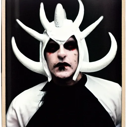 Prompt: gothic horror man in white with horns and fangs blurry depth of field polaroid high resolution