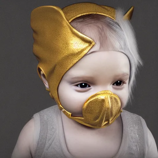 Image similar to a high tech 3 d rendering of a a baby cherub angel wearing a balaclava face mask, ski mask, face covered, covered face, fixed eyes, tattoos, multiple gold cuban chain necklace, concept art octane render, blender, cinema 4 d