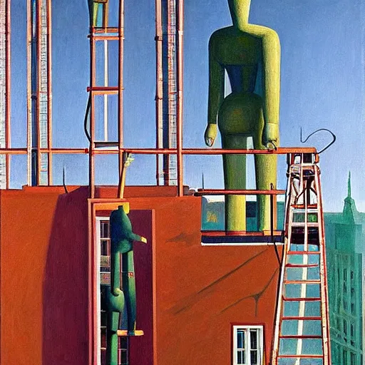 Image similar to giant robot in a scaffold, scientists climbing up, grant wood, pj crook, edward hopper, oil on canvas