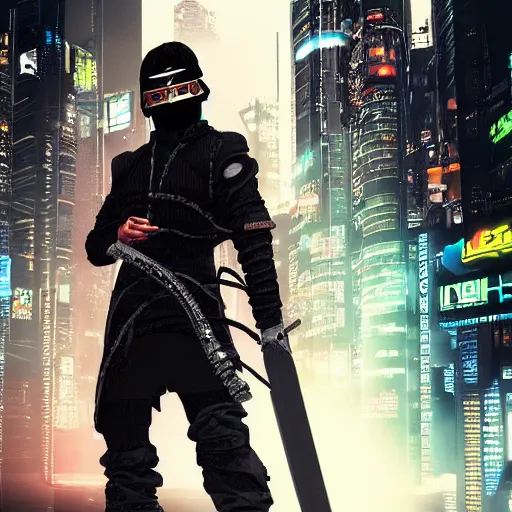 Image similar to photo of a cyberpunk ninja with weapons