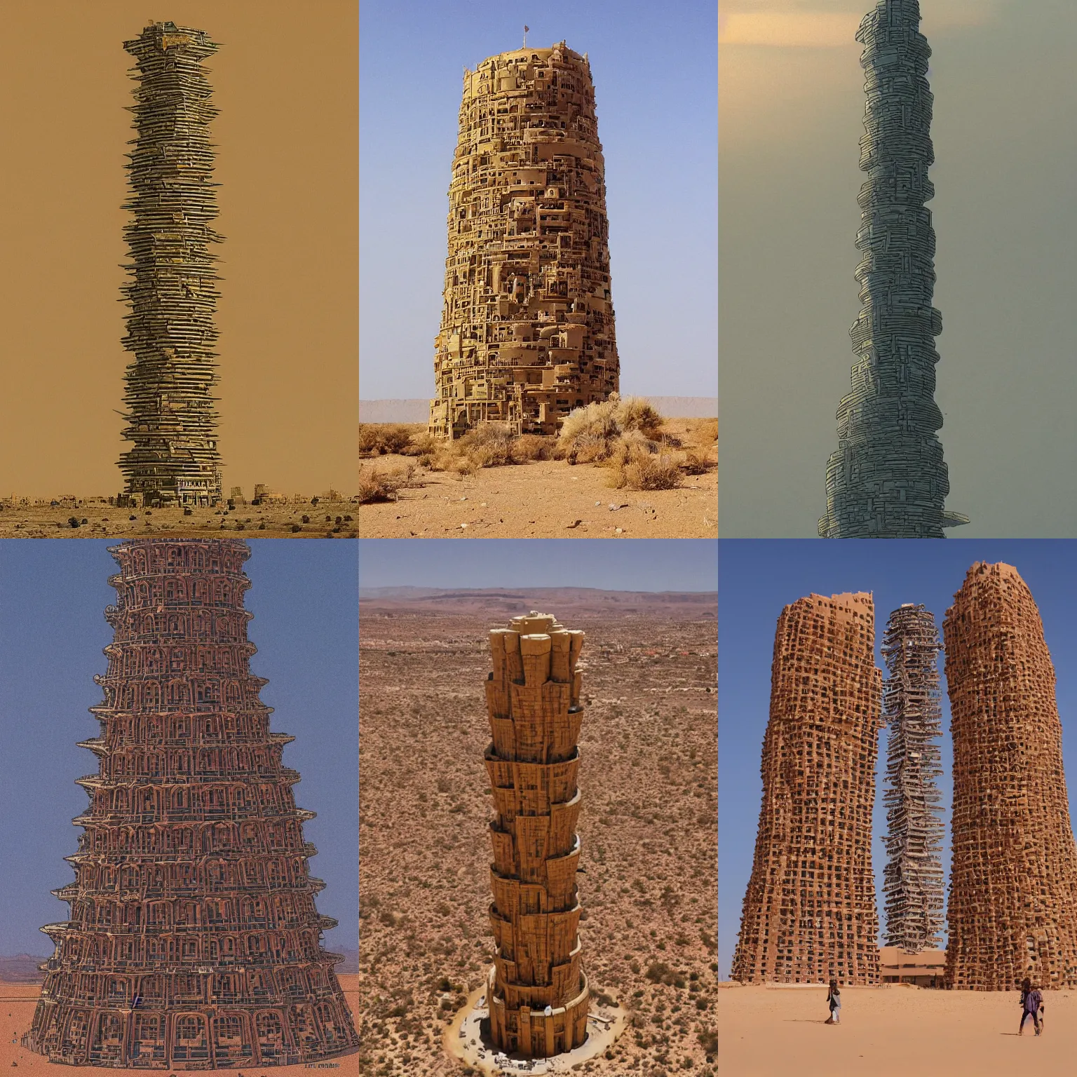 Prompt: a huge human-shaped tower in the desert, inhabited by hundreds of people, in the style of Moebius