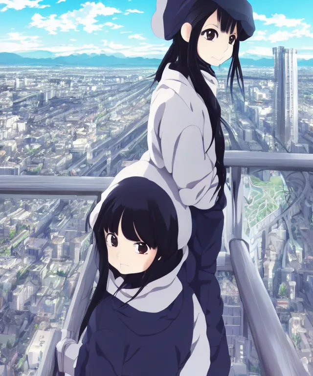 Image similar to anime visual, portrait of a young black haired girl wearing hoodie sightseeing above the city, guardrail, cute face by yoh yoshinari, katsura masakazu, dramatic lighting, dynamic pose, dynamic perspective, strong silhouette, ilya kuvshinov, anime cels, 1 8 mm lens, fstop of 8, rounded eyes, moody, detailed facial features