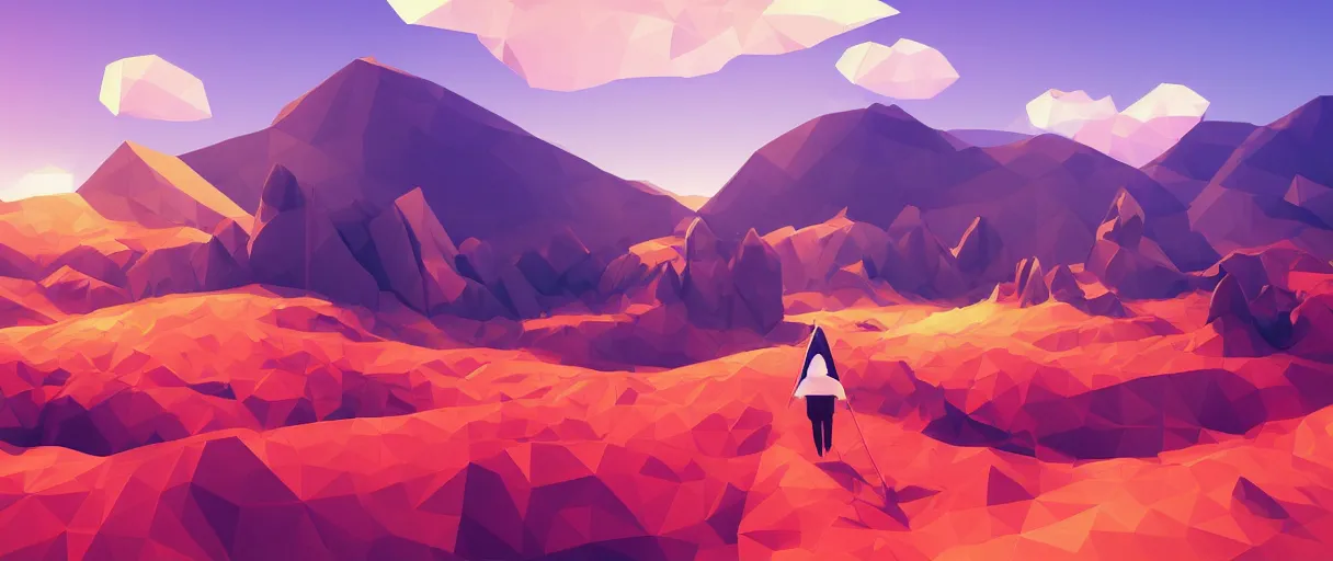 Image similar to 3 d render, mountain landscape, digital art, low poly art, minimalist, poppy, journey game, lowpoly landscape, particles floating, unreal engine, dreamy, brush strokes, bounce light, sunny, complementary palette, redsinski