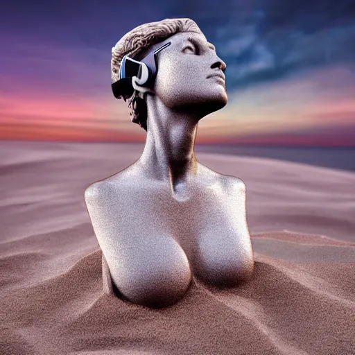 Image similar to the head of a marble cybernetic lady justice statue wearing a virtual reality headset on ground covered in sand, cyberpunk background, highly detailed, epic lighting, hyper photorealism, 8 k