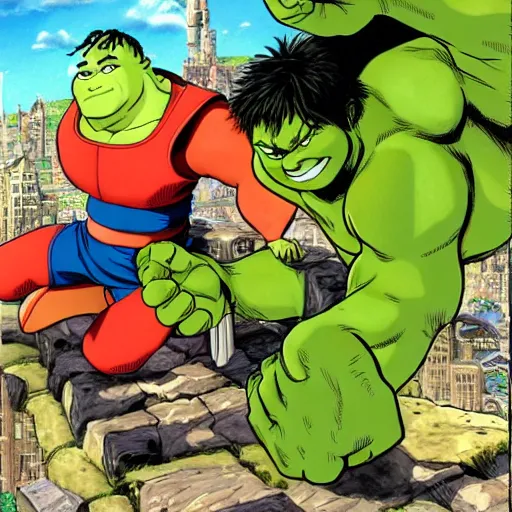 Image similar to shrek fighting the incredible hulk, anime, akira toriyama