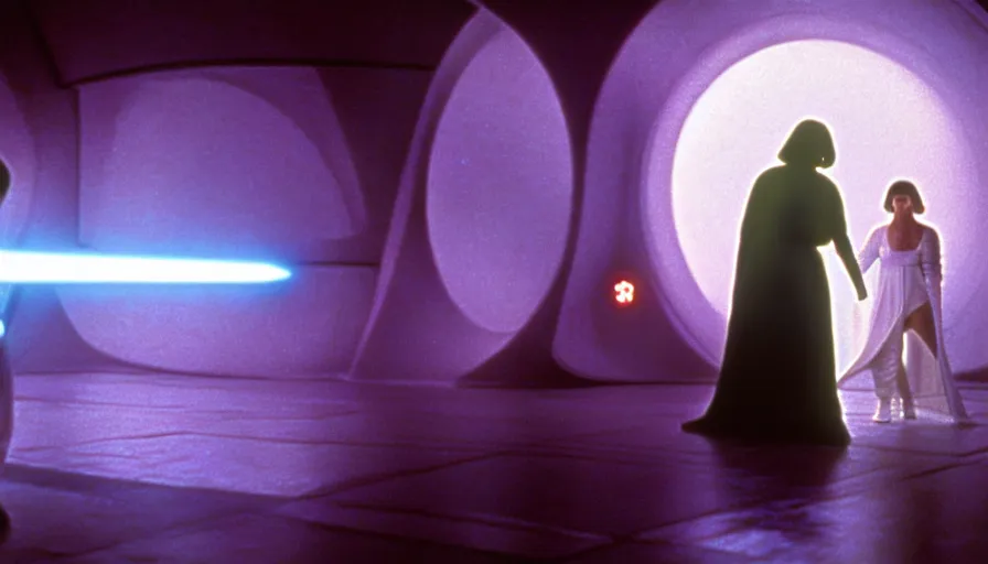 Image similar to screenshot portrait of Luke Skywalker and Princess Leia, facing off against an incredibly haunting female sith lord in white, on a sith planet of purple magic maelstrom, iconic scene from the 1970s sci fi thriller film by Stanley Kubrick, HR Geiger, stunning cinematography, hyper-detailed, sharp, anamorphic lenses, kodak color stock, 4k, stunning