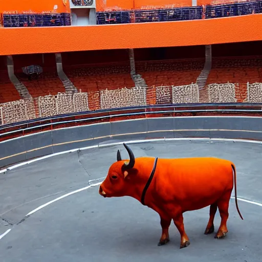 Image similar to bull wearing orange inmate clothes in a bullring with a torero