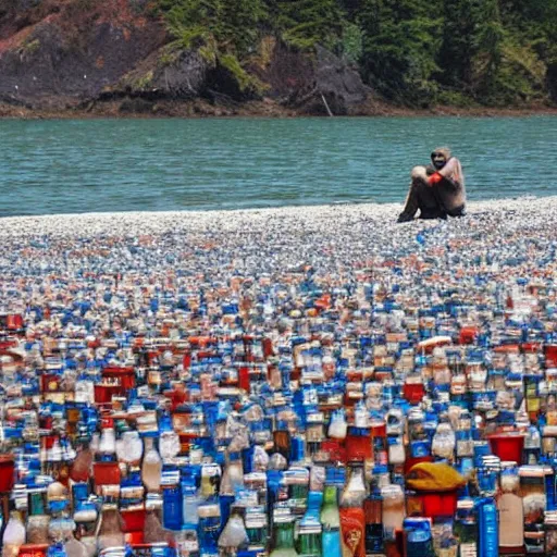 Image similar to hobo on sea with million bottles