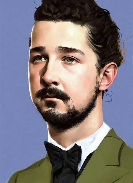 Prompt: a professional painting of Shia LaBeouf as a beautiful young prince, wearing an origami high fashion tuxedo, olive skin, buzzed short dark hair, beautiful bone structure, symmetrical facial features, intricate, elegant, digital painting, concept art, smooth, sharp focus, illustration, from Metal Gear, by Ruan Jia and Mandy Jurgens and Artgerm and William-Adolphe Bouguereau
