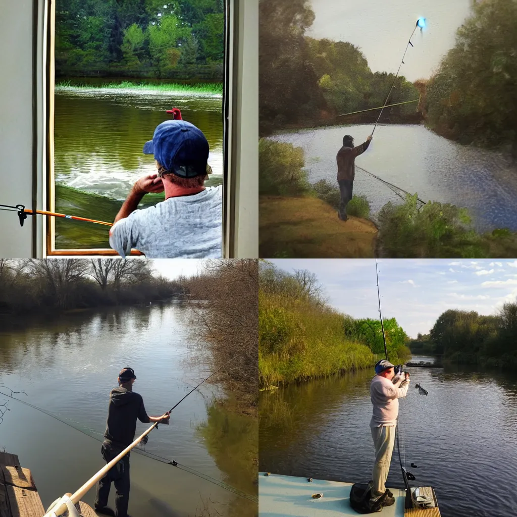 Prompt: A view of me fishing in the river from the little window in my studio.