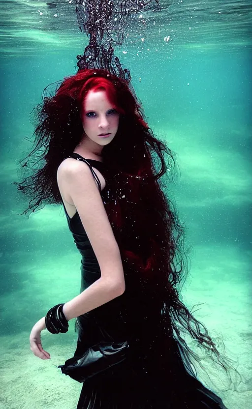 Prompt: portrait of a girl with long red hair in a black dress, under water, very beautiful style, girl wrapped in leather salwar bag black, photorealism jared french, george tucker