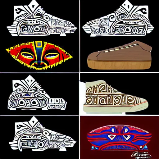 Image similar to detailed sneaker design concept art, aztec mayan street fashion native punk sneaker design, majora's mask, wearing wooden mask, hip hop sneaker design with subtle mayan patterns, gapmoe yandere grimdark, trending on pixiv fanbox, painted by greg rutkowski makoto shinkai takashi takeuchi studio ghibli, akihiko yoshida