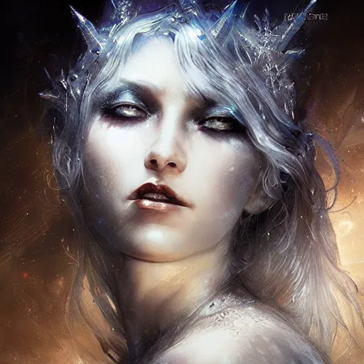 Image similar to ice queen, darkwave, darksynth, concept art, sharp, digital matte painting, art by luis royo, greg rutkowski, wlop, dramatic lighting, trending on artstation